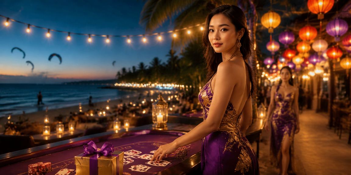 Baccarat ban đêm tại chợ đêm Mũi Né với ánh đèn lung linh và không khí sôi động